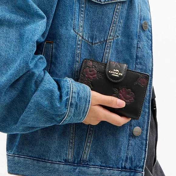 NWT-Coach-Medium Corner Zip Wallet-Floral Print/Roses🌹Black & Wine-$218 - Picture 11 of 11